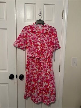 DKNY Pink and Red Floral Midi Shirt Dress